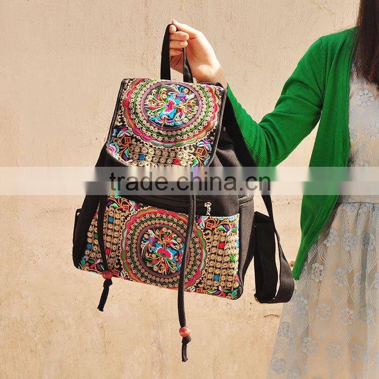 canvas ethnic embroidery woman wholesale school backpack