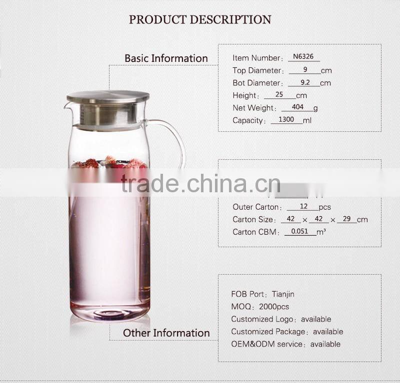 wholesale handmade 1300ml glass drinking water pot with handlewith lid