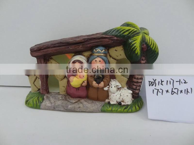 Antique ceramic nativity house scene figurines set with led lights