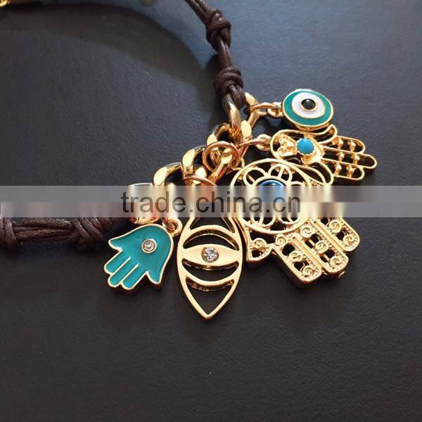 gold hamsa hand fatima hand evil eye charms bracelet wax cord bracelet