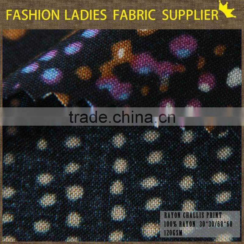 shaoxing textile 2016 high grade fashion designs for girls' dress,blouse,skirts,summer pants 100% rayon printed challis fabric