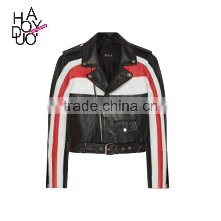 HAODUOYI Women Autumn Color Block PU Leather Bomber Jacket for Wholesale