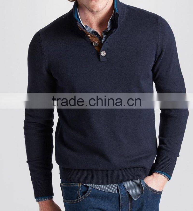 High Quality Wholesale knit wear Men's button high-neck sweater with suedette elbow patches (BKNM16)
