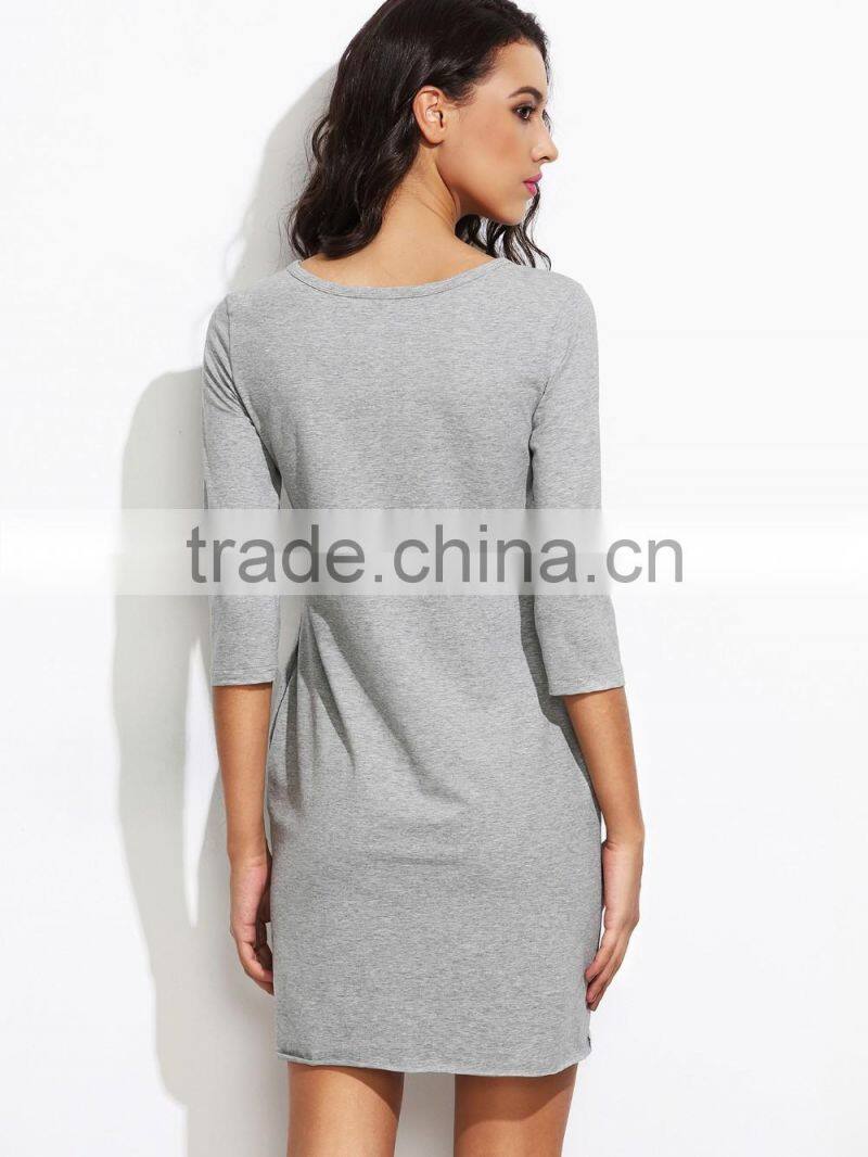 Grey Raw Hem Closed Eyes Print Dress Cotton Spandex 3/4 Sleeve Summer Cartoon Pocket Tee Dress