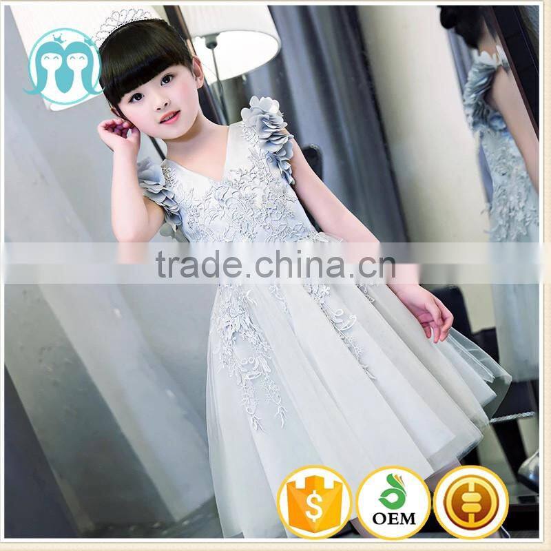 New baby frock design 2017 sleeveless Pink and Gray Embroidery flower V collar Vietnam party dresses Chiffion wedding dresses