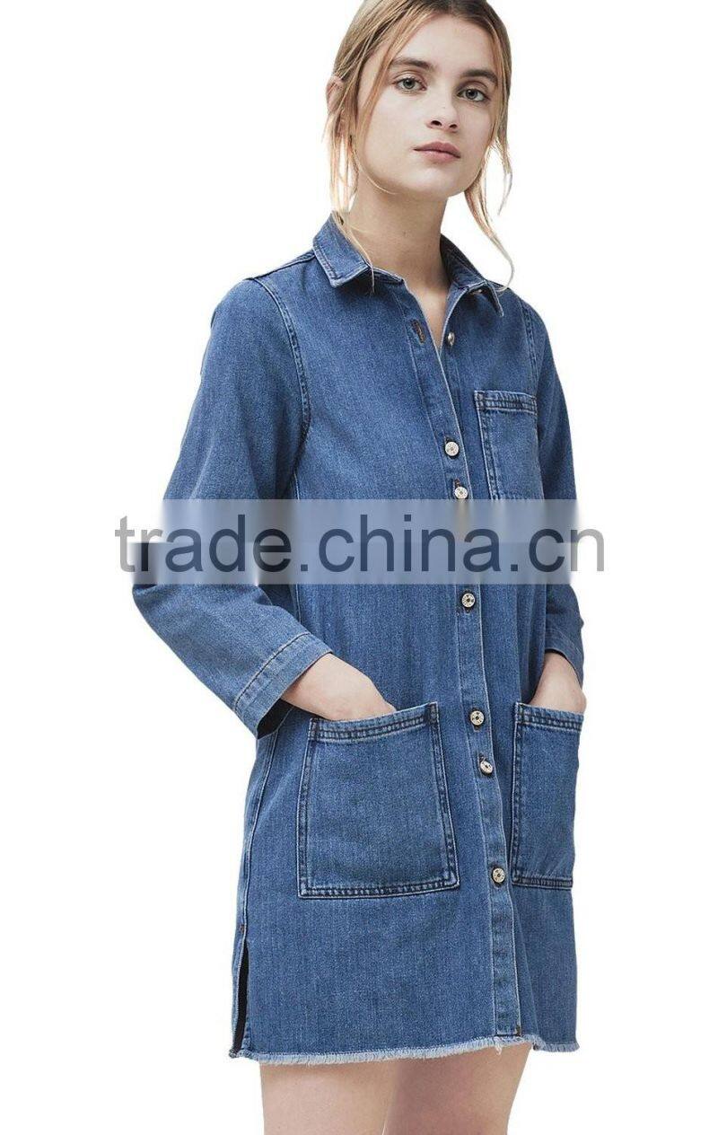 Girls button-up raw hem casual loose long sleeve denim jeans dress