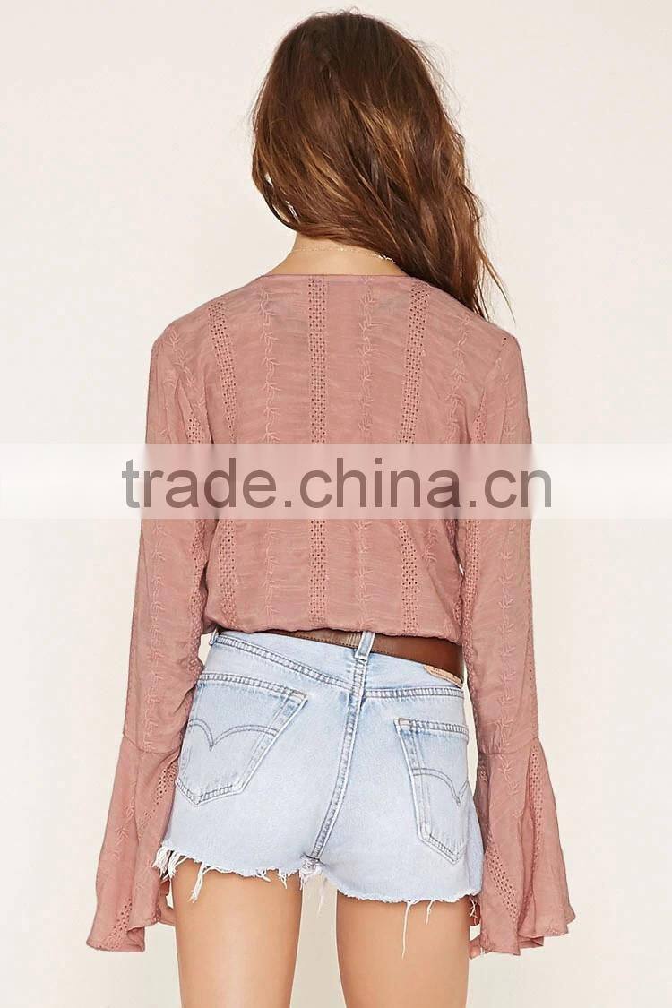 2016 high quality plain dyed cotton fashionable summer bell sleeve blouse