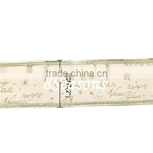 Pale Yellow "Merry Christmas" Star Pattern Velvet Satin Ribbon For Christmas Decoration 5.0cm