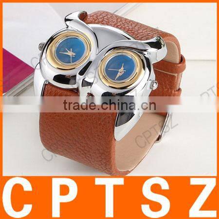 Fashion PU band watch dial retro owl double double movement Waterproof Sport Watch