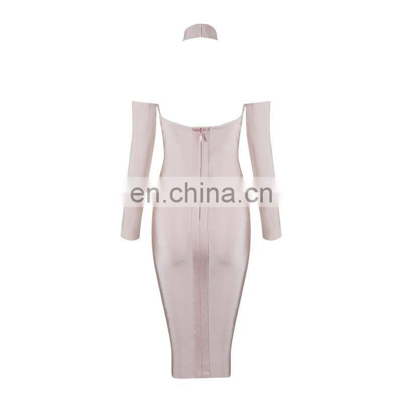 Amigo 2017 fashion beige long sleeve halter backless crossover bandage dress elegant prom dresses for celebrity in red carpet