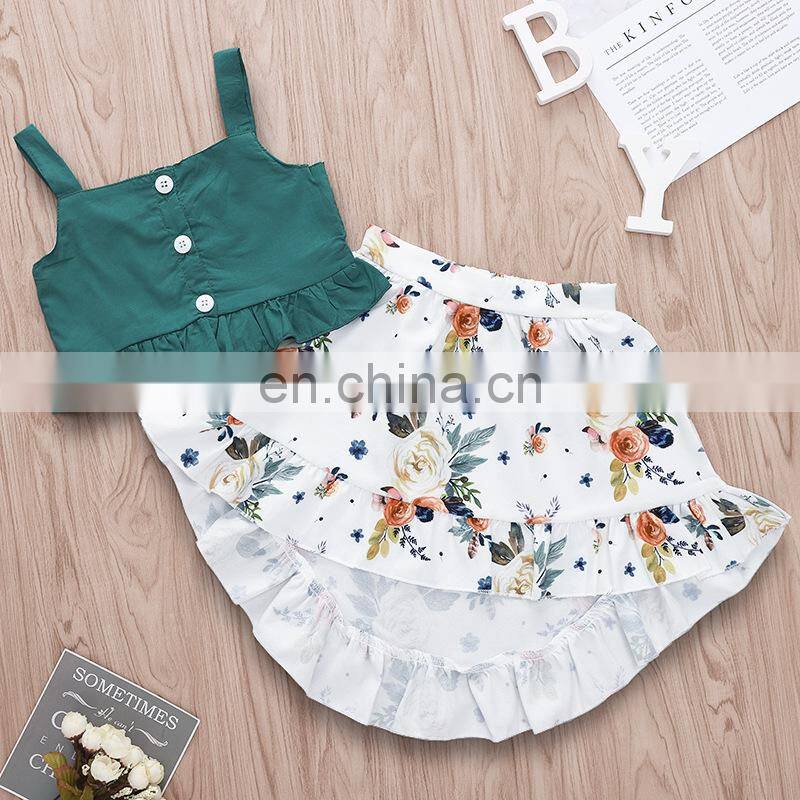 2019 new summer girls green buttons tops & floral full print dress skirt 2pc set