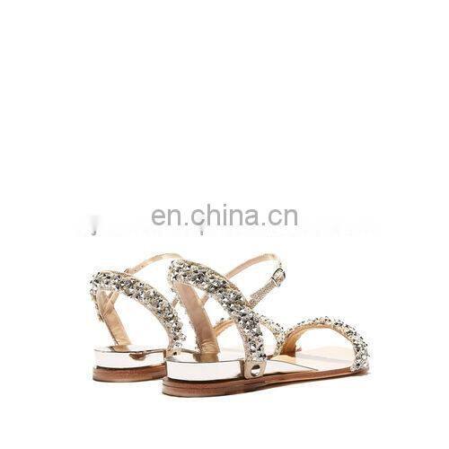 Ladies flat shoes ankle strap golden color rhinestones design women sandals