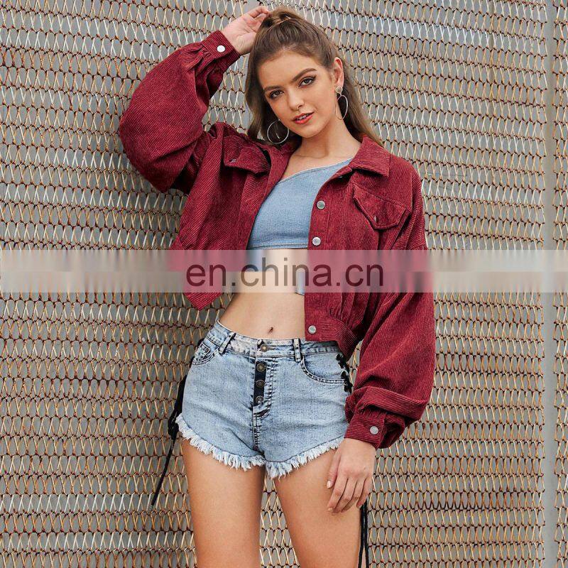 2020 loose solid color lantern sleeves waist short corduroy motorcycle jacket women