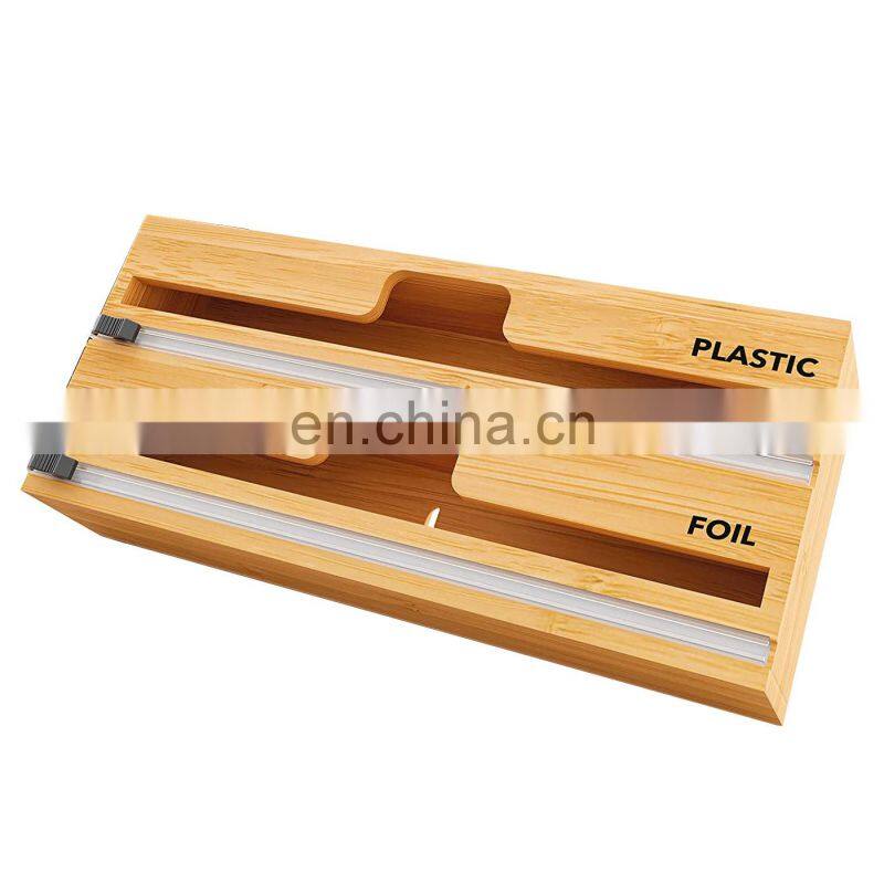 Wrap Dispenser with Cutter and Labels Plastic Wrap Aluminum Foil and Wax Paper Dispenser for Kitchen Drawer Bamboo Roll Organize