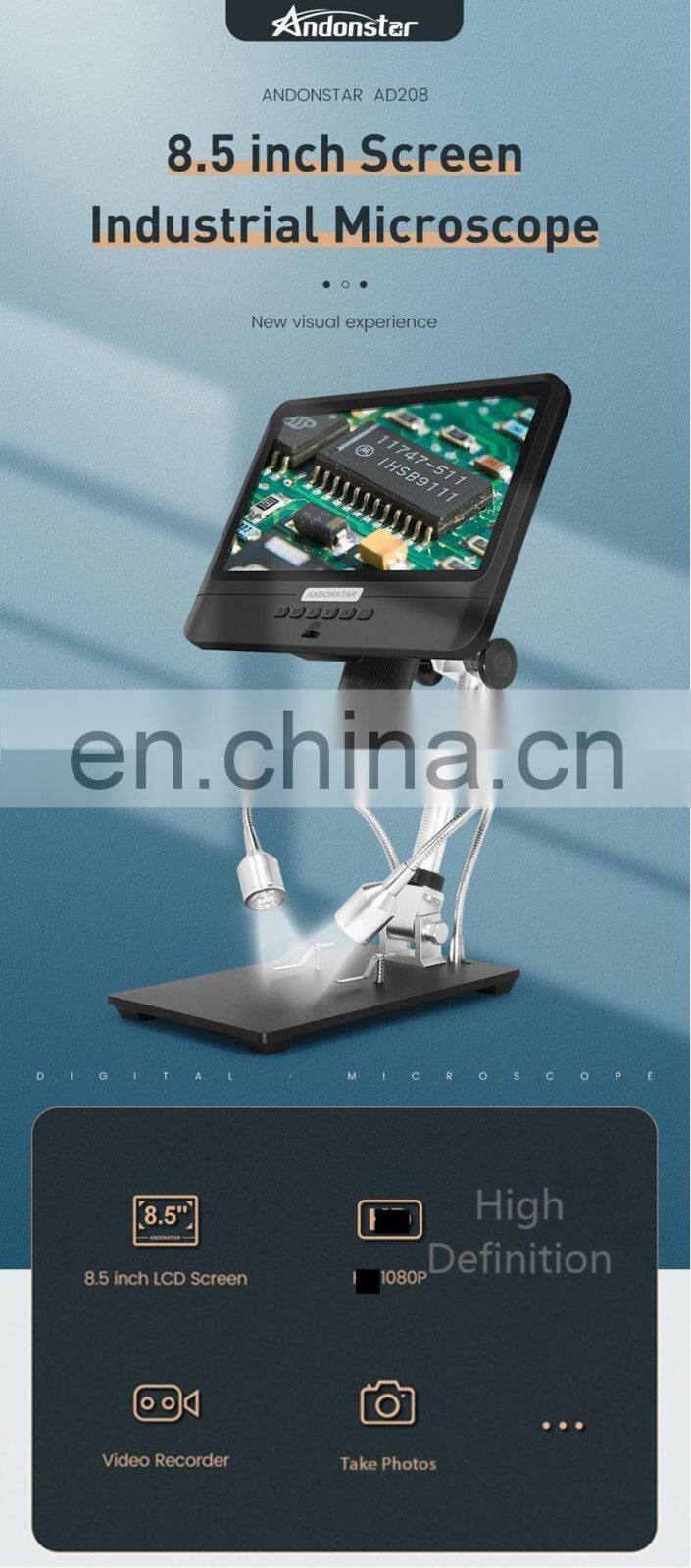 Andonstar AD208 5X-260X 2MP USB Digital Microscope with 8.5" LCD 1080P For Repair PCB Soldering SMD