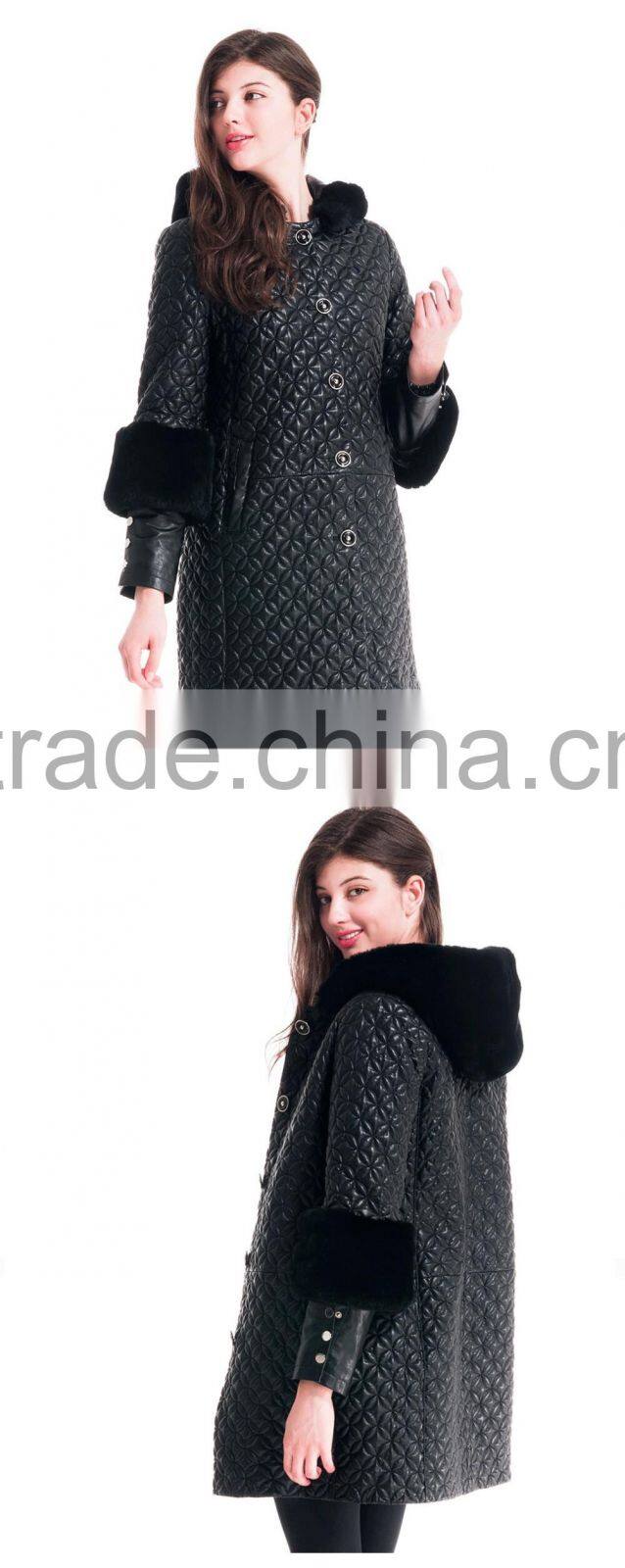 Winter Women Medium Length Embroidered Coat With Detachable Beaver Rabbit Skin Hat Overcoat