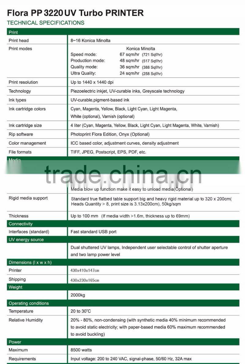 UV flatbed 3.2m Flora printer on Konica 1024 printheads PP3220