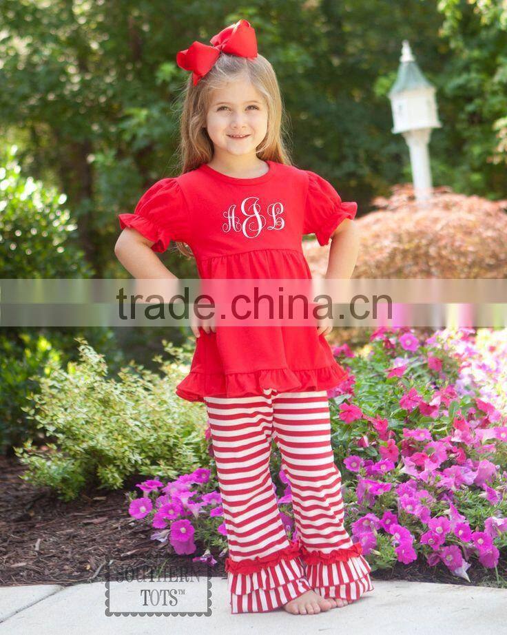 Top and pants ruffle outfit for kids red cotton ruffle top for children New Design