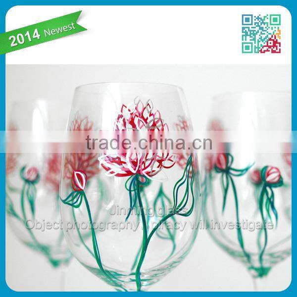 2014 Newest Novel fashion Pink Peonies Wine Glass Set of 4 Hand Painted Glasses