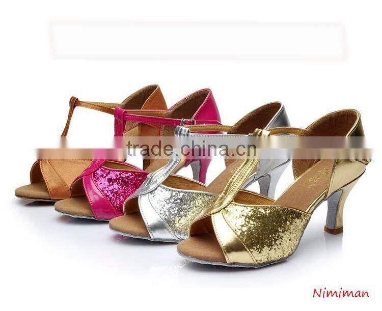 2016 Popular cheap ballroom latin dance shoes women gold sequin dance shoes 4 colors