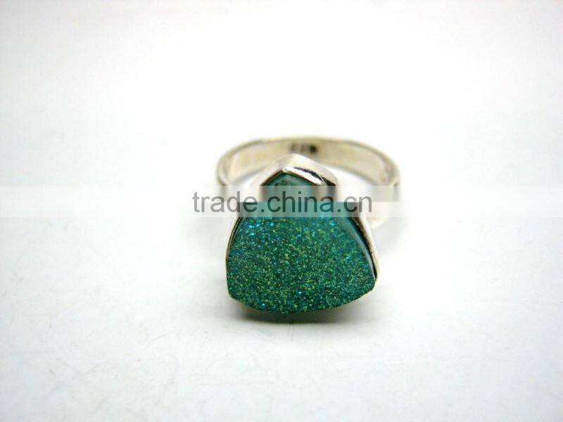 Coated Golden Dream Green Druzy Trillion Sterling Silver Jewelry, 925 Solid Sterling Silver Gemstone Ring,Designer Druzy Jewelry