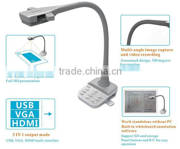 HDMI, USB,VGA 3 IN1 output interface 5MP auto focus A3 USB document camera for education