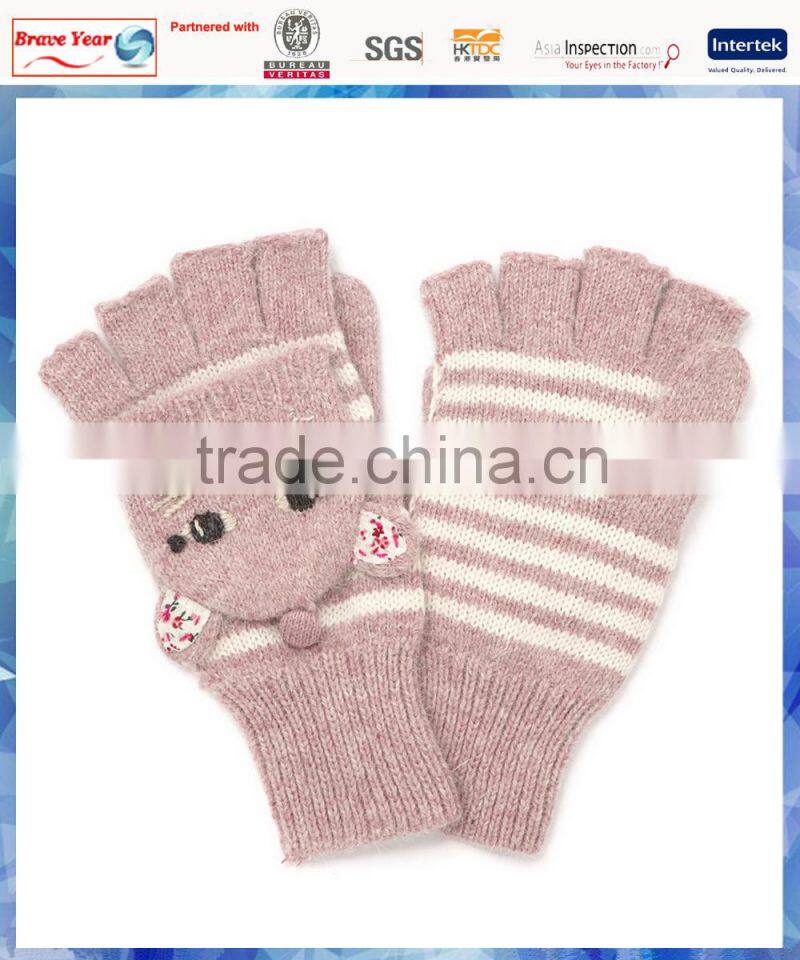 young girls fluffy cat capped knitted winter glove mitten