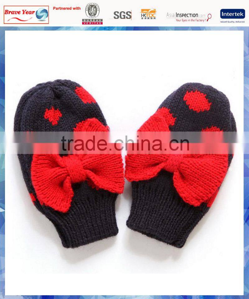 kids dots knitted gloves mitten with red bowknot