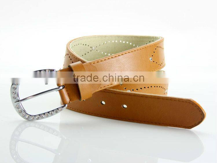 Women's Fashion Perforation Brown PU Leather Belt with Stone Decor Buckle