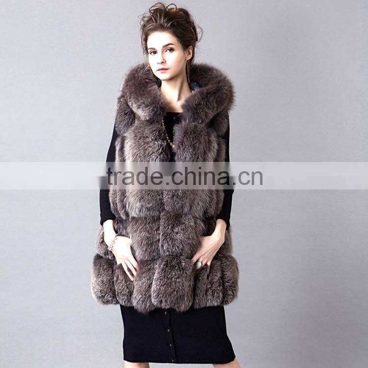 2016/2017 Latest Design Winter Top Quality Real Fox Fur Vest with Hood Long Style Whole Skin Silver Fox Fur Vest for Women