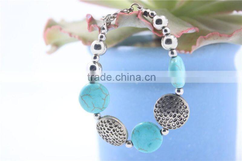 Handmade Gypsy Tibet Silver Turquoise Stone & Uneven Flat CCB Beaded Bracelet For Women Jewelry 2016New Intrend style
