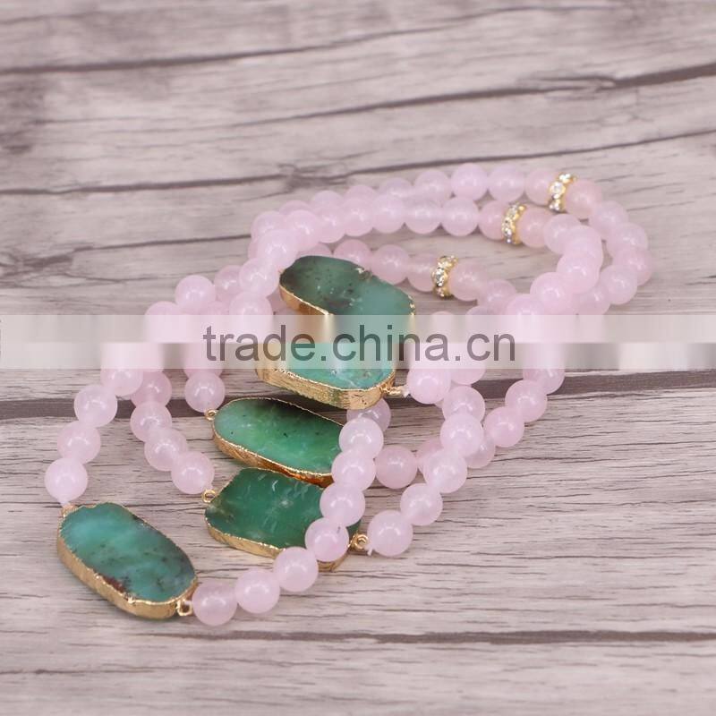 Gold Plated Australia Jade Connector Druzy Bracelet, Rose Quartz Stone Beaded Bracelets