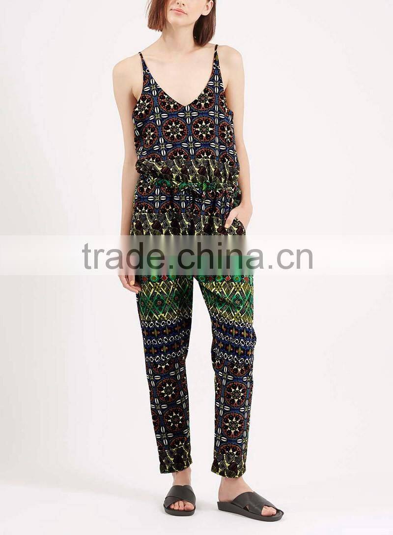 High quality printed spaghetti strap V-neckline long jumpsuit