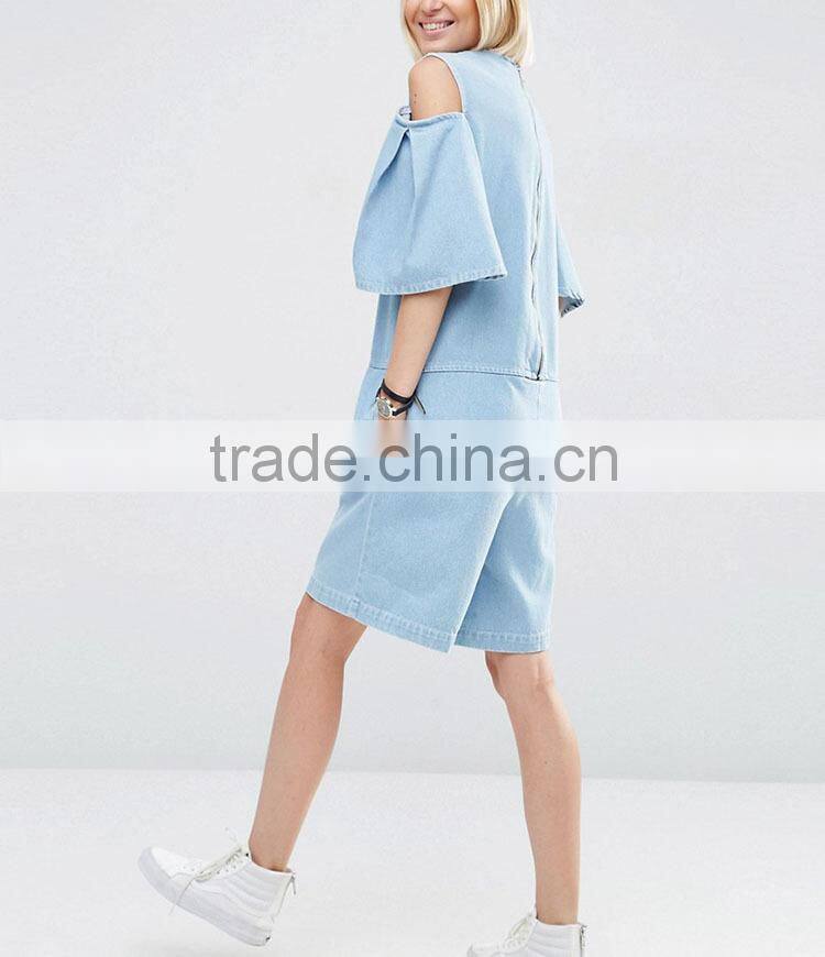 Guangzhou new casual cold shoulder wide leg woman short denim jumpsuits
