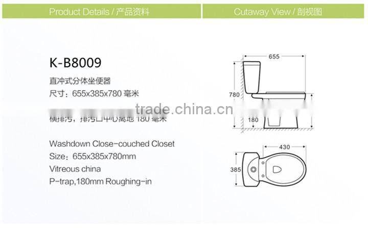 COCO 8001 good quality ceramic washdown two piece wc toilet size
