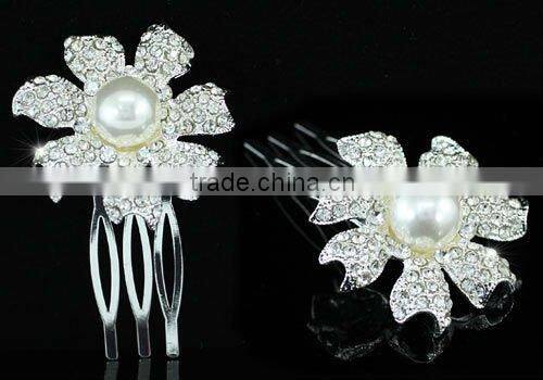 2 Pcs X Bridal Flower White Faux Pearl Hair Comb CT1378