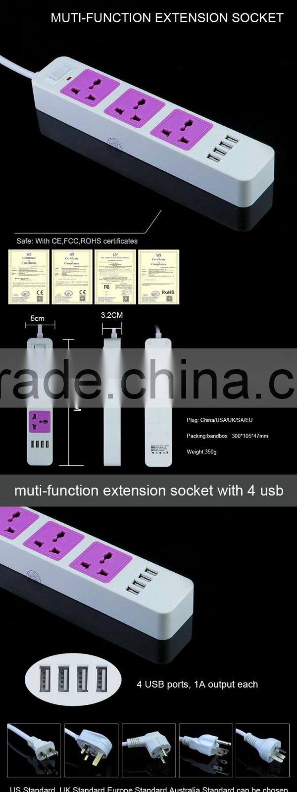 4 usb 3-pin plug retractable extension pvc multiple power socket with switch