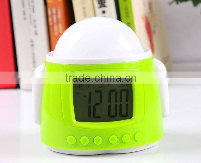 Novelty promotional item gift Android robots DIY music led star light projecting alarm clock,digital clocks