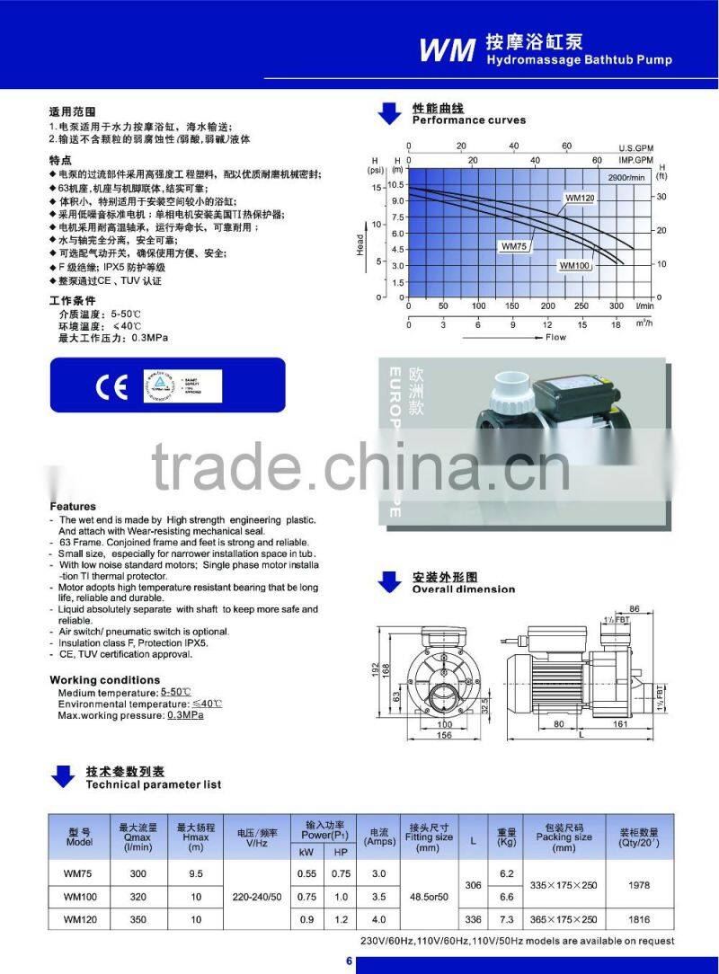 Whirlpool System Accessories For Hydromassage 1.2HP Bathroom Water Pump