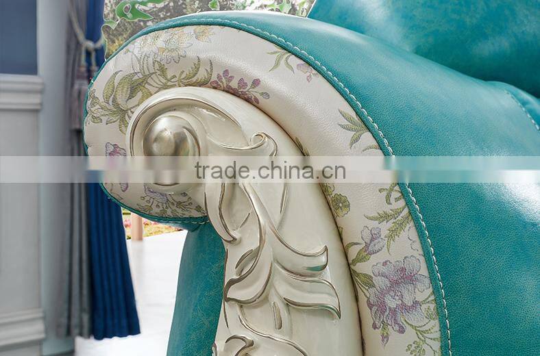 Graceful European style living room furniture solid wood lily carving leather corner sofa set