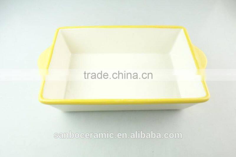 Stocklot rectangular shape yellow line glaze ceramic bakeware with handles