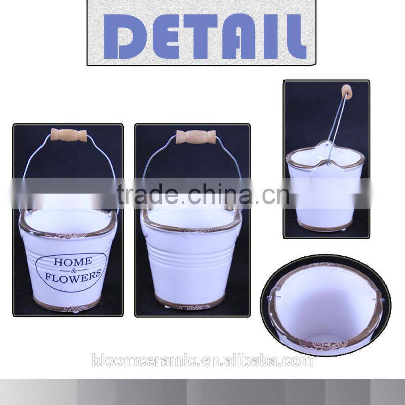 Wholesale custom ceramic pail with metal handle for garden