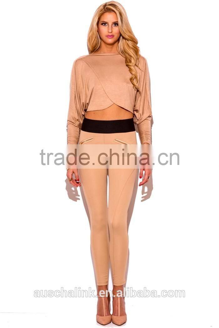 lady khaki beige banded high waisted skinny pants