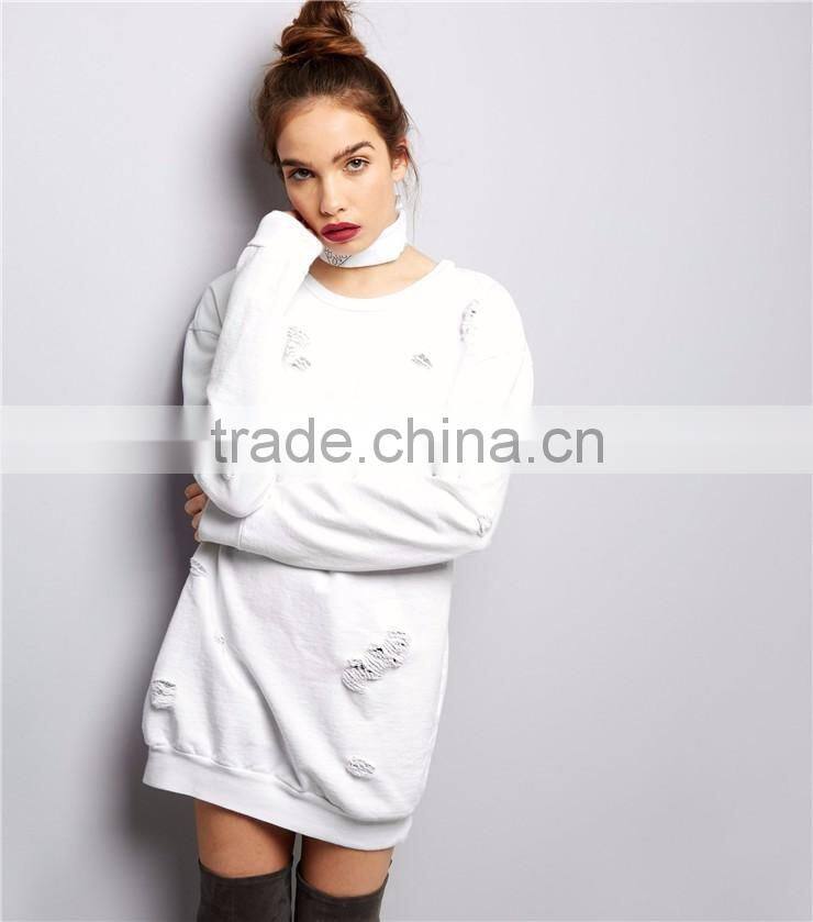 Women Oversized Longline Plain White Ripped Sweater Dress Distressed Sweatshirt Blank Pullover Drop Shoulder
