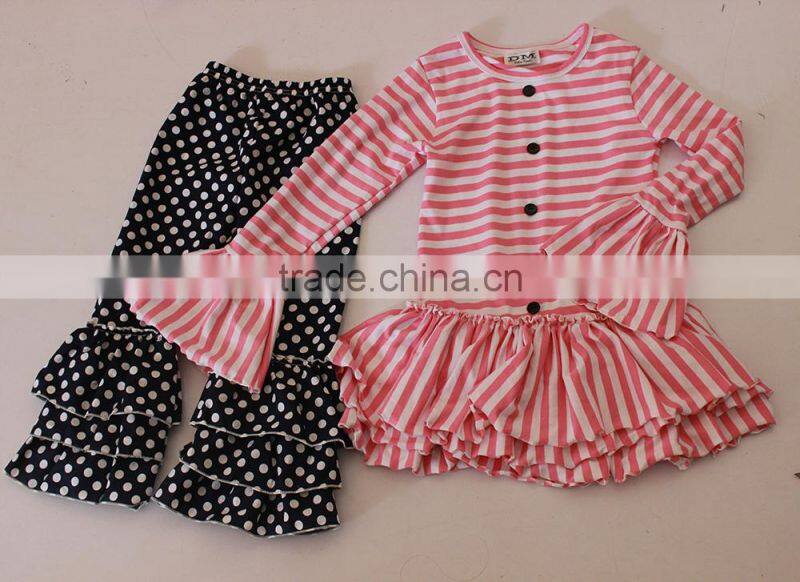 Girls Boutique Remake Clothing Kids Stripe And Polka Dot Design T-shirt Ruffle Shorts Outfit Baby Set