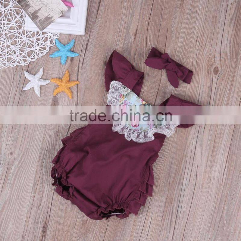 Vintage style baby girls romper 100% Cotton Satin Floral Printing Baby Romper With Lace Insert