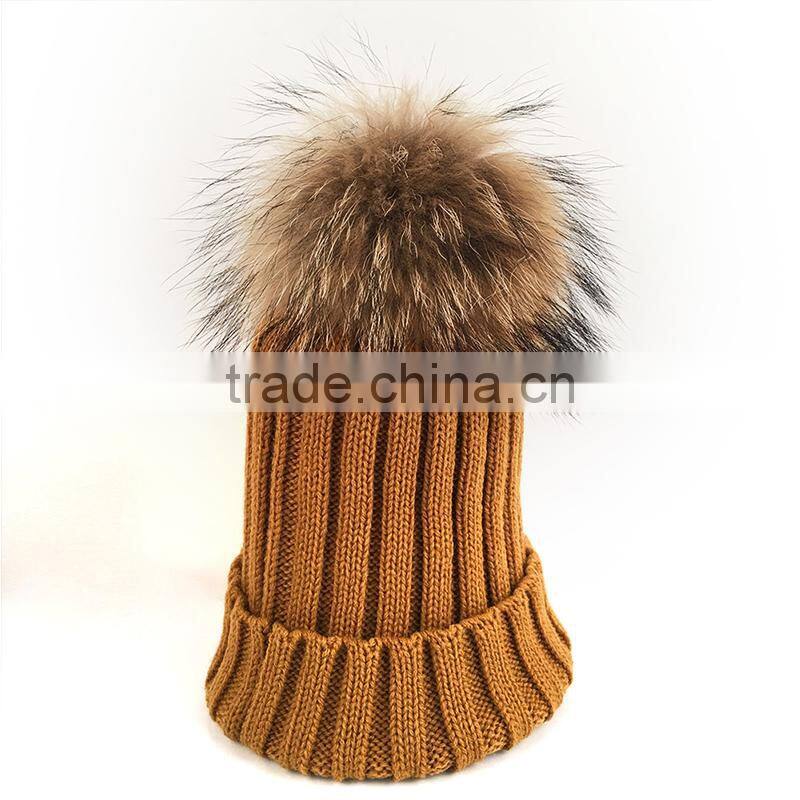 Myfur Detachable Natural Raccoon Fur Pompom Knit Hat Wholesale Winter Cap