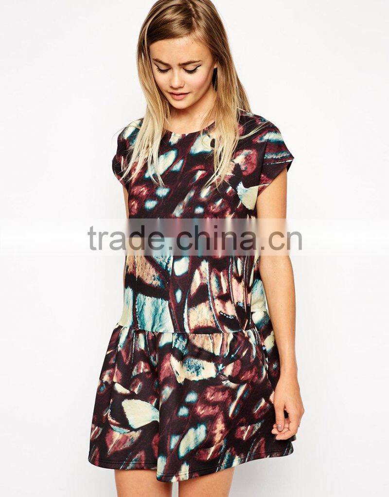 Bonded T-Shirt Shift Dress with Peplum Hem in Wing Print
