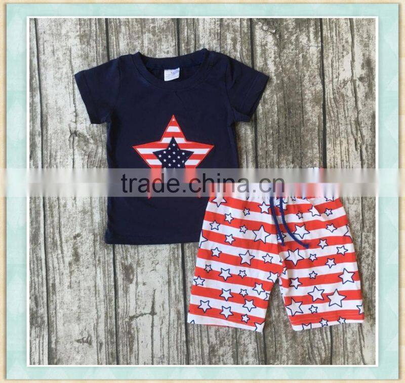 2017 new summer star embroidery black top match red and white strip short wholesale boutique 4th of July children outfits