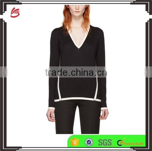 High Quality Long Sleeve Rib Knit V-Necked Black and White Contrast Women Pullover